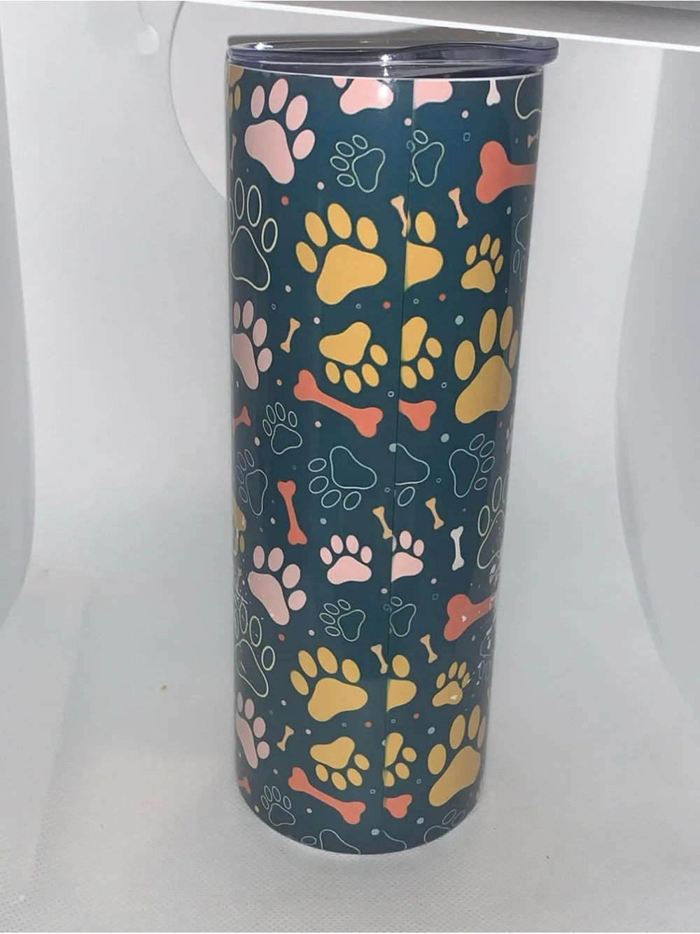 #DOG MOM Insulated Travel Tumbler - Teal with Pink & Gold Paw Print Design 20 Oz